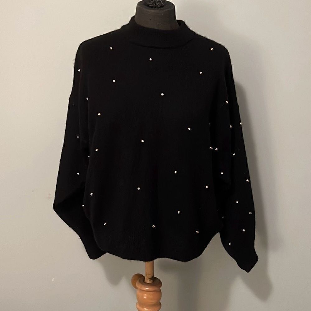 H&M Womens Black Faux Pearl Embellished Mock Neck Wool Blend Pullover Sweater XS